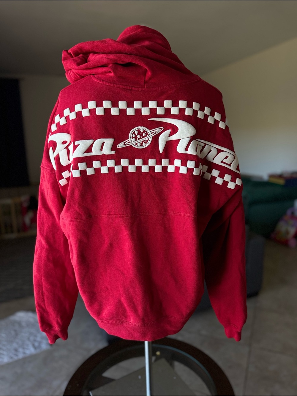 Pizza Planet Red Logo Hoodie with Checker Stripe